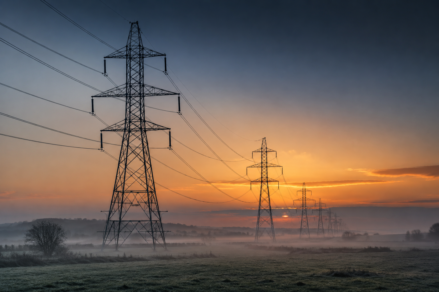 High-voltage transmission towers at sunrise
